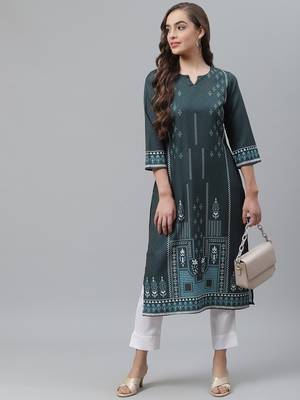 Teal printed rayon kurtas-and-kurtis 5