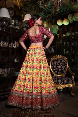 Yellow embroidered silk semi stitched lehenga 2