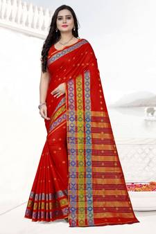 Red printed cotton silk saree with blouse