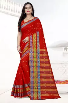 Red printed cotton silk saree with blouse