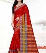 Red printed cotton silk saree with blouse