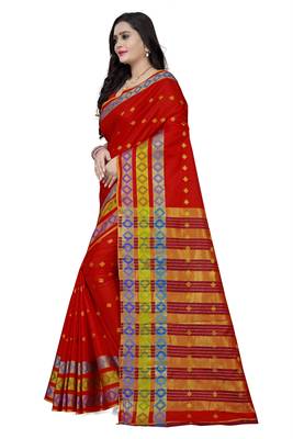 Red printed cotton silk saree with blouse 2