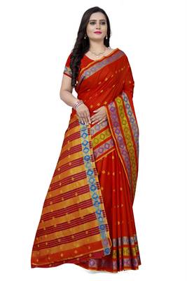 Red printed cotton silk saree with blouse 3