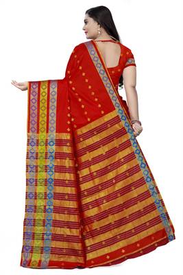 Red printed cotton silk saree with blouse 4