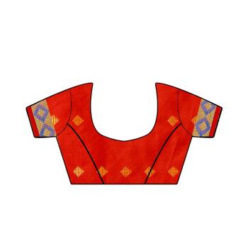 Red printed cotton silk saree with blouse 5