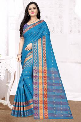 Sky blue printed cotton silk saree with blouse 1