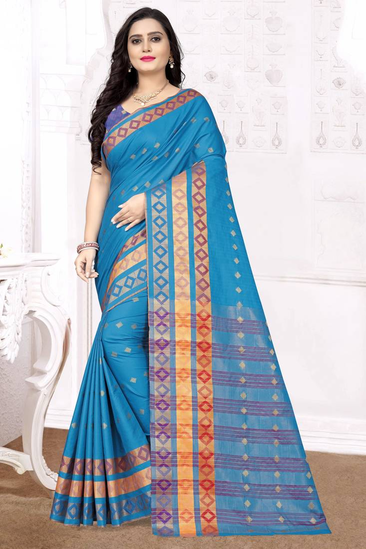 Sky blue printed cotton silk saree with blouse