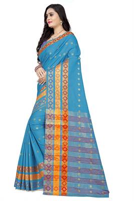 Sky blue printed cotton silk saree with blouse 2