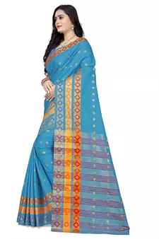 Sky blue printed cotton silk saree with blouse