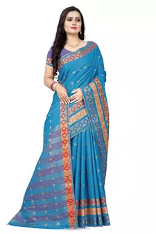 Sky blue printed cotton silk saree with blouse