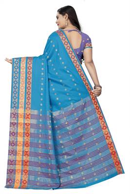 Sky blue printed cotton silk saree with blouse 4