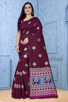 Maroon printed jacquard saree with blouse 1