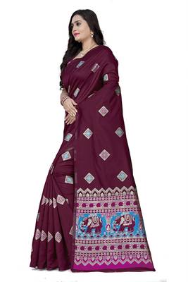 Maroon printed jacquard saree with blouse 2