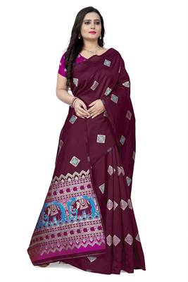 Maroon printed jacquard saree with blouse 3