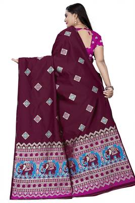 Maroon printed jacquard saree with blouse 4
