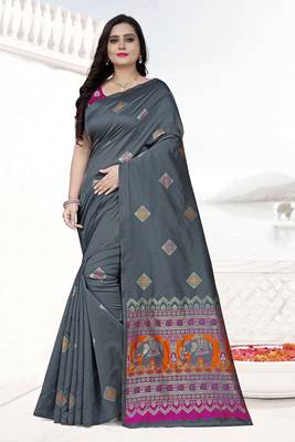 Grey printed jacquard saree with blouse 1