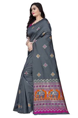 Grey printed jacquard saree with blouse 2