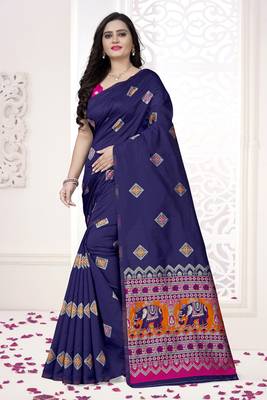 Blue printed jacquard saree with blouse 1