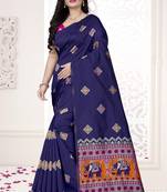 Blue printed jacquard saree with blouse