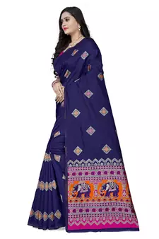 Blue printed jacquard saree with blouse