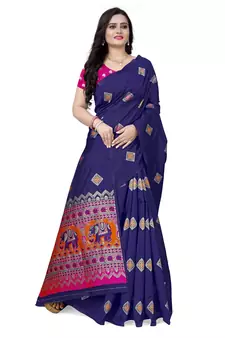 Blue printed jacquard saree with blouse