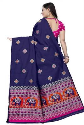 Blue printed jacquard saree with blouse 4