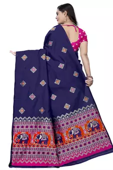 Blue printed jacquard saree with blouse