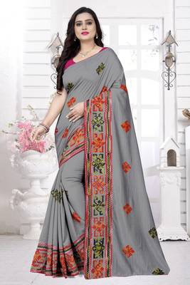 Grey embroidered georgette saree with blouse 1