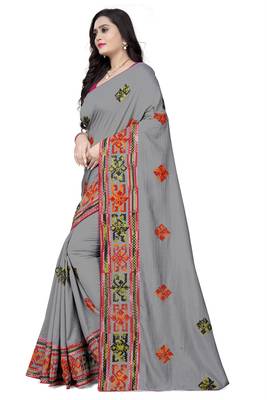 Grey embroidered georgette saree with blouse 2