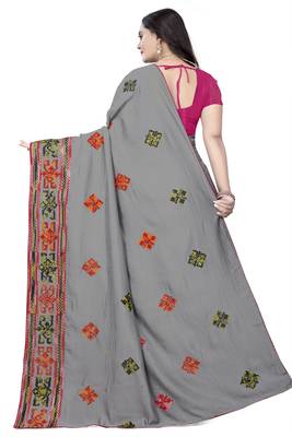 Grey embroidered georgette saree with blouse 4