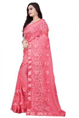 Pink embroidered chiffon saree with blouse 2