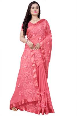 Pink embroidered chiffon saree with blouse 3