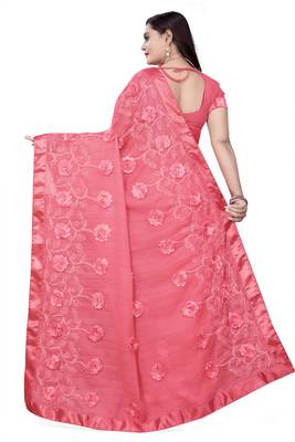 Pink embroidered chiffon saree with blouse 4