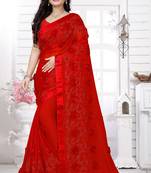 Red embroidered chiffon saree with blouse