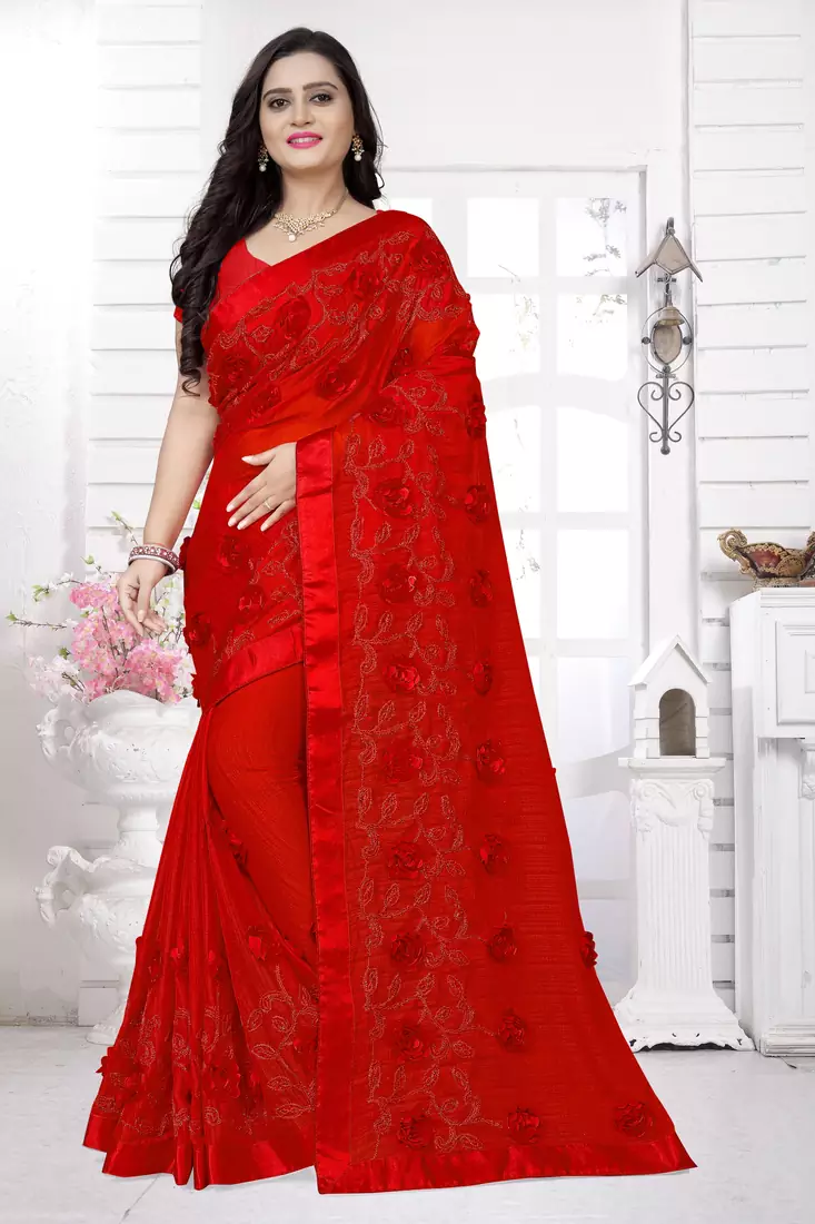 Red embroidered chiffon saree with blouse