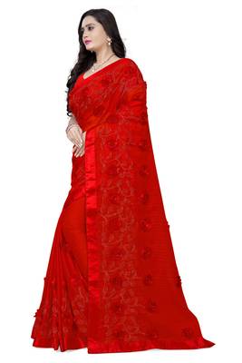 Red embroidered chiffon saree with blouse 2