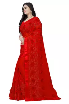 Red embroidered chiffon saree with blouse