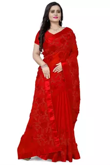 Red embroidered chiffon saree with blouse