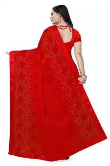 Red embroidered chiffon saree with blouse