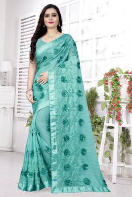 Sky blue embroidered chiffon saree with blouse 1
