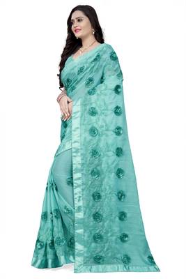 Sky blue embroidered chiffon saree with blouse 2