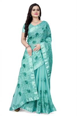 Sky blue embroidered chiffon saree with blouse 3