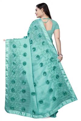 Sky blue embroidered chiffon saree with blouse 4