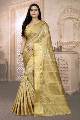Cream embroidered cotton silk saree with blouse 1