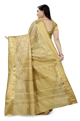 Cream embroidered cotton silk saree with blouse 4