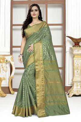 Green embroidered cotton silk saree with blouse 1