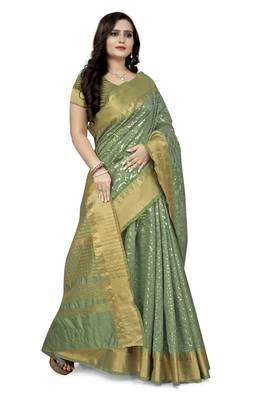 Green embroidered cotton silk saree with blouse 3
