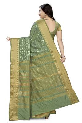 Green embroidered cotton silk saree with blouse 4