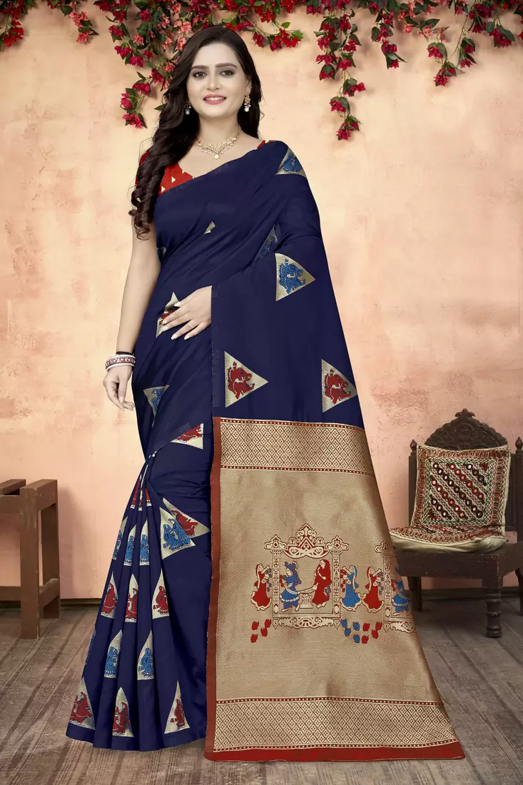 Blue printed art silk saree saree with blouse