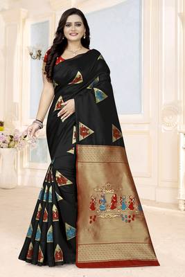 Black printed art silk saree saree with blouse 1